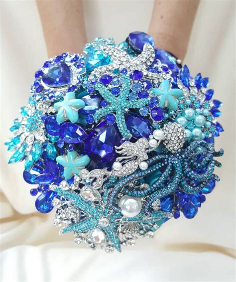 Wedding bouquets teal and silver. DEPOSIT on a CUSTOM Bridal Brooch Bouquet Beach Wedding ...