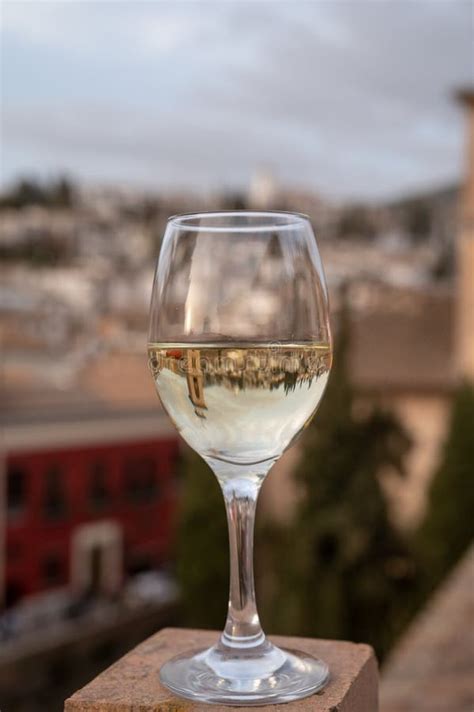 Glass Of Spanish Dry Rueda White Wine Served On Roof Terrace With View