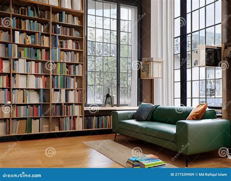 Interior Of A Living Room With A Green Sofa And Bookshelves Ai
