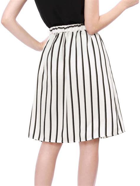 Womens Striped Button Front Elastic Waist A Line Midi Skirt Ad