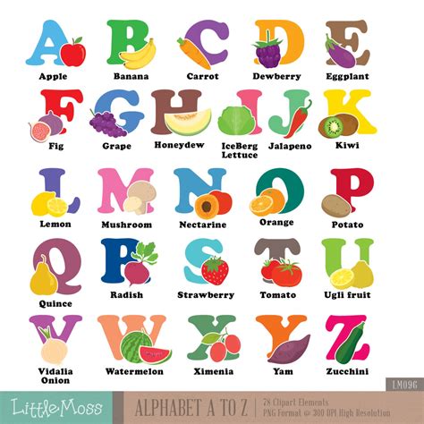 Alphabet A Z Digital Clipart Vegetable And Fruit Aphabet