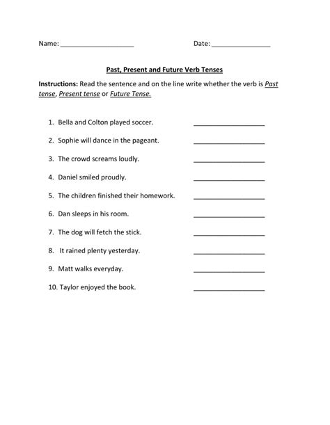 Past Present And Future Verb Tense Worksheet