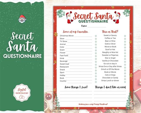 Secret Santa Questionnaire Printable Xmas Holiday T Exchange List