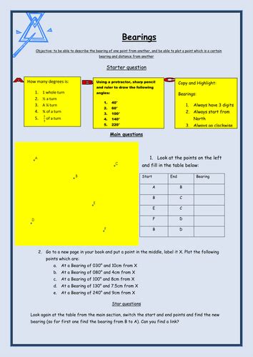 Ks3 maths worksheet | an activity making use of the markings on a compass, types of angle and rotation. Bearings Worksheet | Teaching Resources
