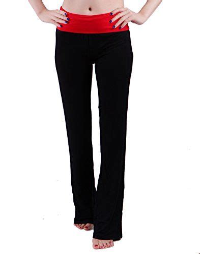 hde women s color block fold over waist yoga pants flare leg workout leggings black and red large