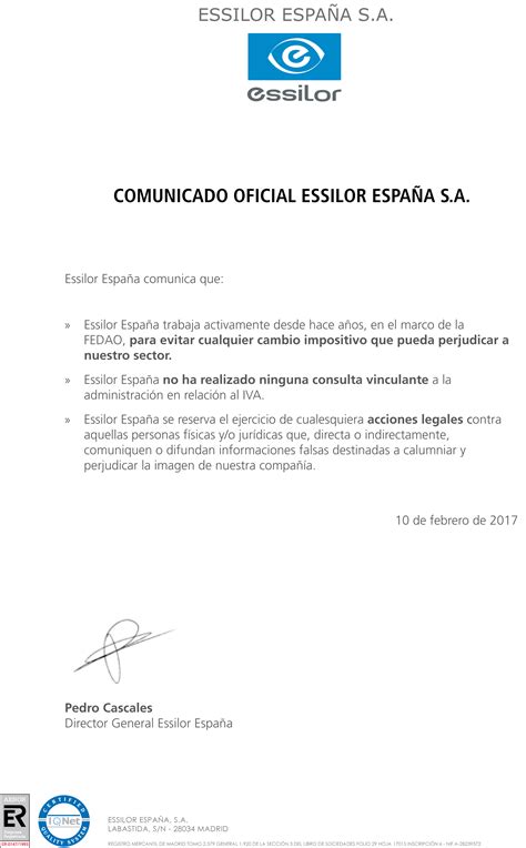 Comunicado Oficial Essilor España Sa