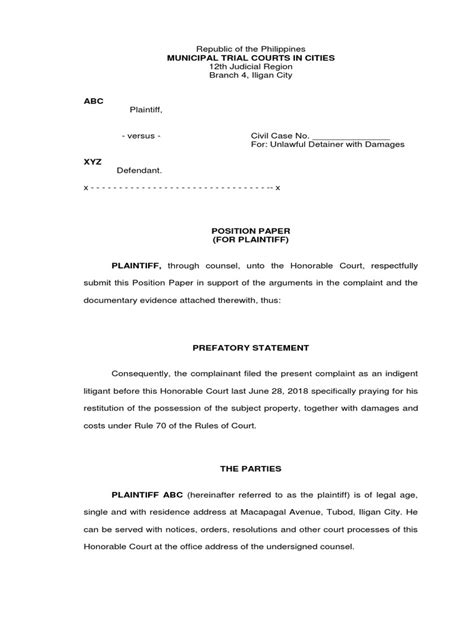 Please fill this form, we will try to respond as soon as possible. Position Paper for Plaintiff (Ejectment Case) | Lawsuit ...