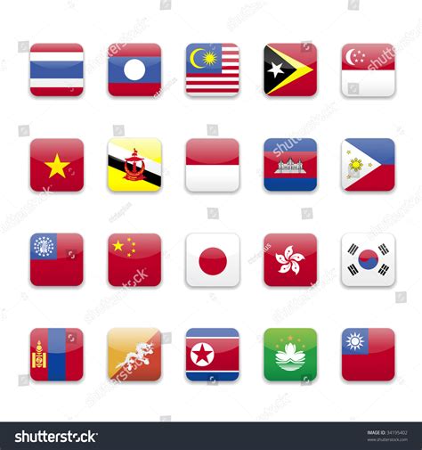 East Asia And South East Asia Flags Round Icon Set Stock Photo 34195402