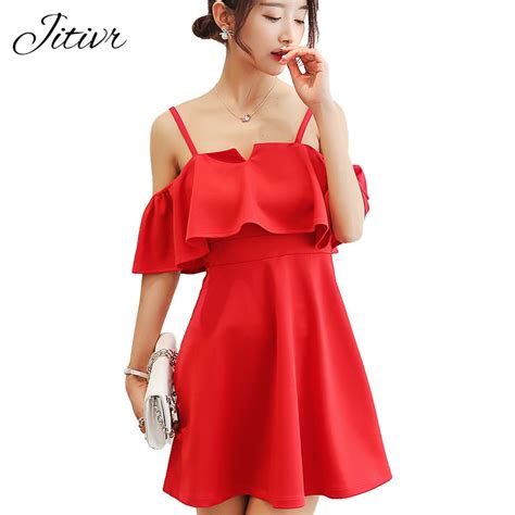 jitivr fashion sexy solid cold shoulder summer dress slash neck elegant dress butterfly sleeve