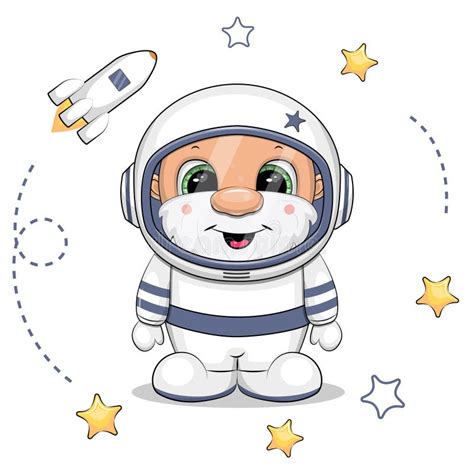 Cute Cartoon Happy Astronaut With Stars And Spaceship Stock Vector
