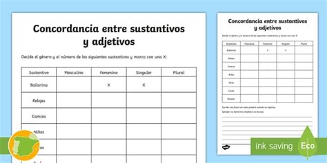 Ficha De Actividad Concordancia Entre Sustantivos Y Adjetivos