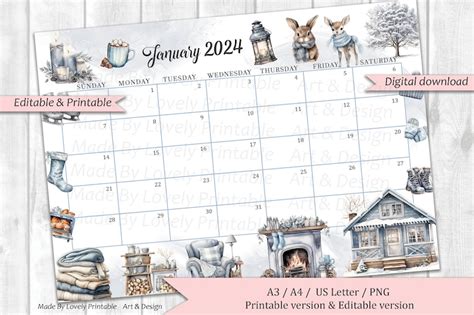 Editable January 2024 Calendar Cozy Snowy Winter Happy New Year 2024