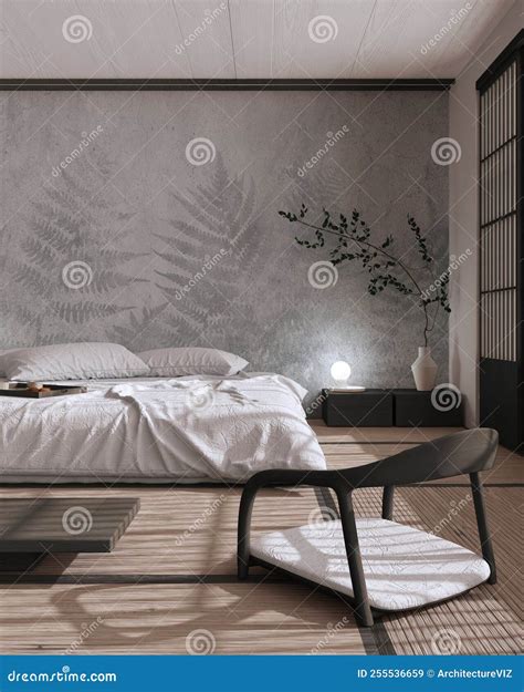 Japandi Bedroom Mock Up In White And Dark Tones Bed With Pillows