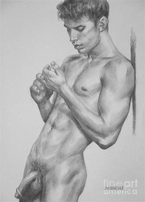 Original Charcoal Drawing Art Male Nude Man On Paper