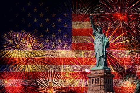 Statue Of Liberty Over The Multicolor Fireworks Celebrate With The