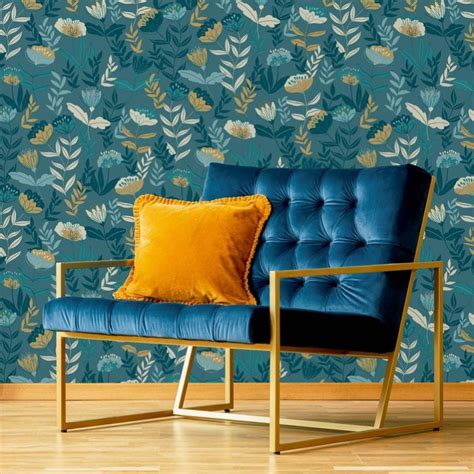 Papier peint vinyle sur intissé Melody Abstract Flowers bleu et jaune