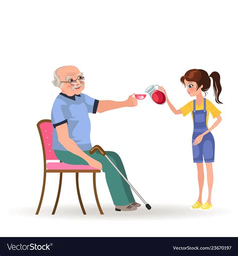 Girl Takes Care Of Grandfather Granddaughter Vector Image