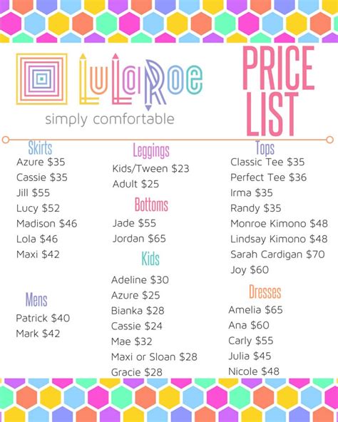 Lularoe Printable Price Sheet By Myrandasue On Etsy
