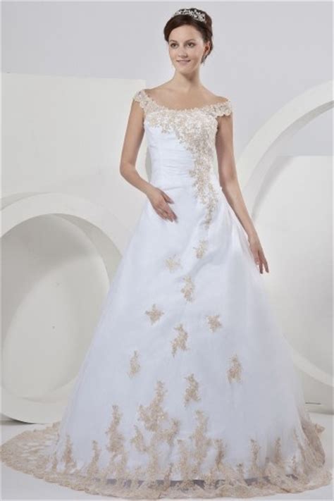 Hochwertige hochzeitskleider in großer auswahl an brautkleider brautjungfernkleider,blumenmädchenkleider und mehr modische hochzeitsmode. Bodenlanges Carmen-Ausschnitt bunte Applikation ...