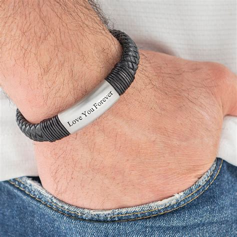 Personalized Engraved Black Leather Name Bracelet For Men 316 Stainless