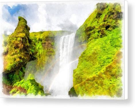 Waterfall Skogafoss Iceland Aquarell Painting Canvas Print Canvas Art