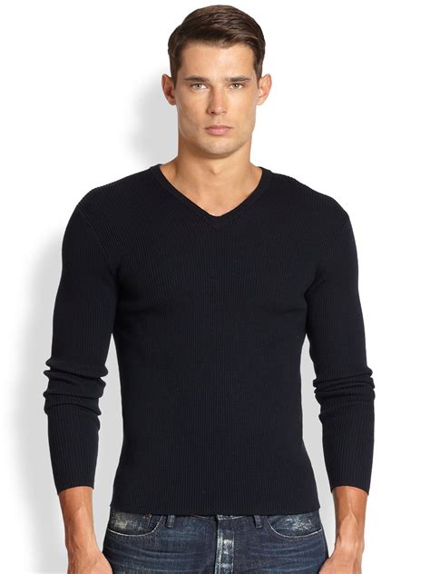 Lyst Ralph Lauren Black Label Merino Wool V Neck Sweater In Blue For Men