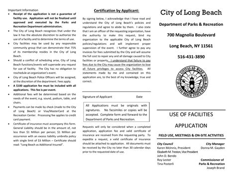 City Of Long Beach New York Use Of Recreation Facility Form Fill Out
