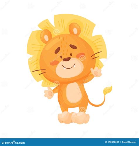 Cute Cartoon Lion Cub Stands Vector Illustration On A White Background