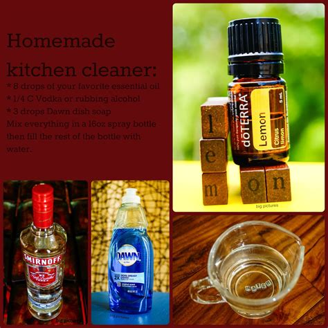 Stir this mixture into the salt water mixture, and stir until thickened. Homemade kitchen cleaner recipe: * 8 drops of your favorite essential oil * 1/4 C vodka or rubb ...