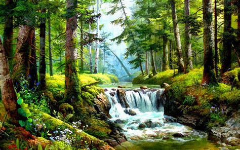 Forest Waterfall Painting Wallpaper And Background Image