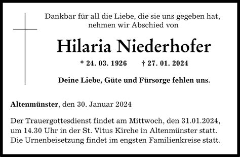 Traueranzeigen Von Hilaria Niederhofer Augsburger Allgemeine Zeitung