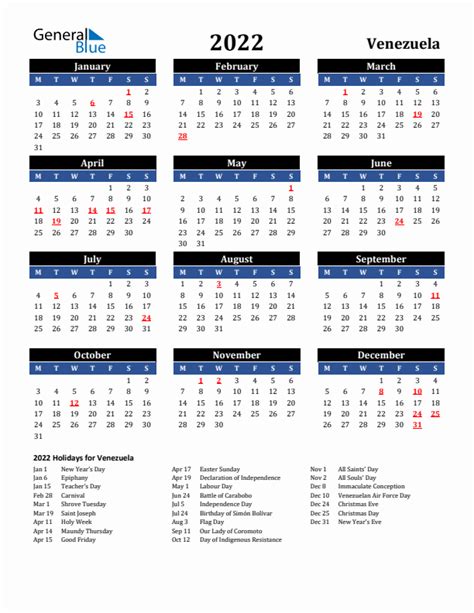 2022 Holiday Calendar For Venezuela Monday Start