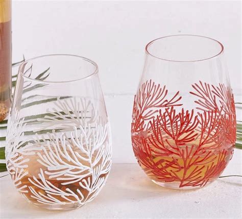 Coral Reef Appliqué Glass Stemless Wine Tumbler Sets Glass Tumbler Design Nautical Glassware