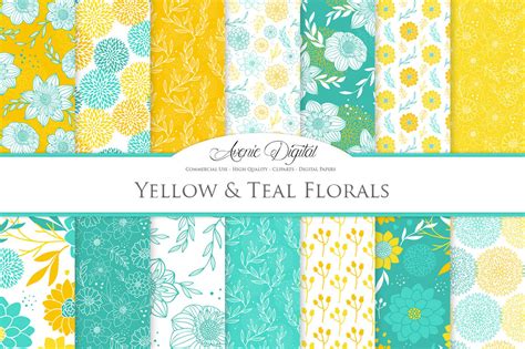Yellow And Teal Floral Vector Patterns And Digital Papers By