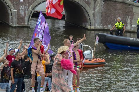 close up of pride protest boat at gay pride at amsterdam the netherlands 2019 editorial