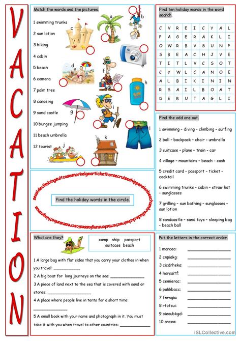 Vacation Vocabulary Exercises Wor English ESL Worksheets Pdf Doc