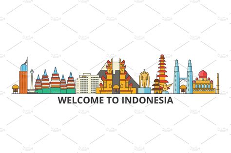 Indonesia Outline Skyline Indonesian Flat Thin Line Icons Landmarks