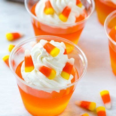 Orange jello 1 can whole cranberries 1/2 can applesauce. Candy Corn Jello Cups | Fall snacks, Candy corn desserts ...