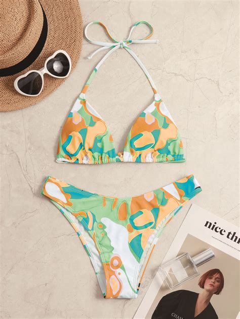 Allover Graphic Triangle Bikini Swimsuit