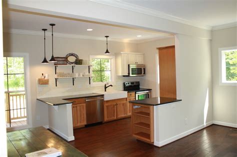 Cherry, maple, ash, hickory and oak cabinet doors and face frames are often made from solid hardwoods. Escape Living and Kitchen granite hickory cabinets farm house sink open shelves - Traditional ...