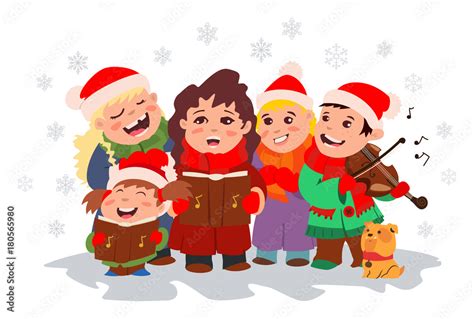 Christmas Caroling Children Choir Singing Carols And Boy Playing