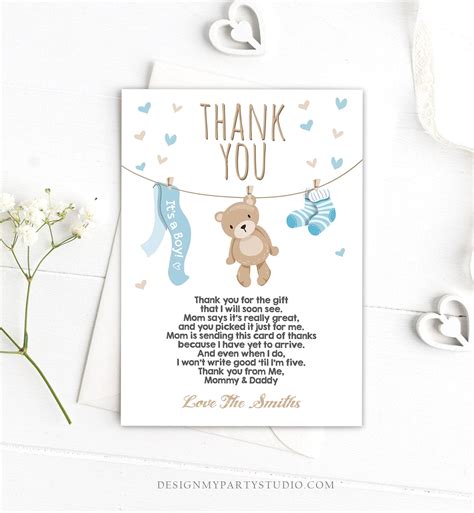 Editable Baby Shower Thank You Card Teddy Bear Thank You Note Etsy Uk