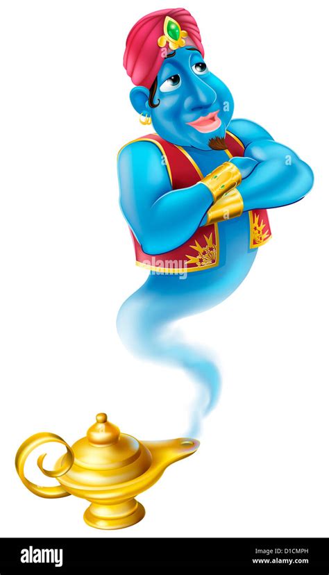 Illustration Of A Friendly Jinn Or Genie Coming Out Of A Gold Magic Oil