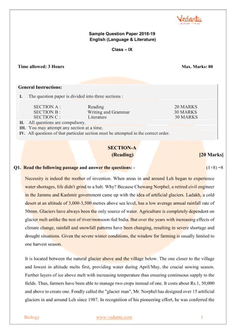 Cbse Sample Paper For Class 9 English Language And Literature With Solutions Mock Paper 1