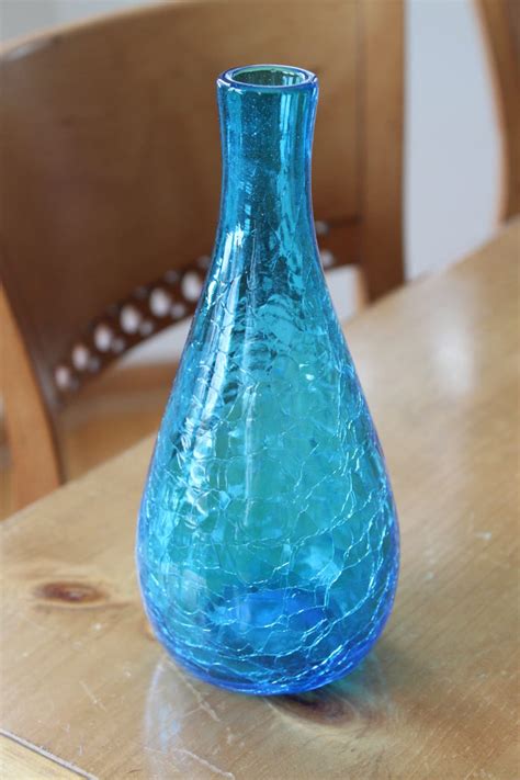 Vintage Ocean Blue Crackle Glass Vase