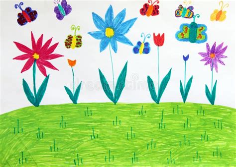 Children S Drawing With Butterflies Trees And Flowers Childish Drawing