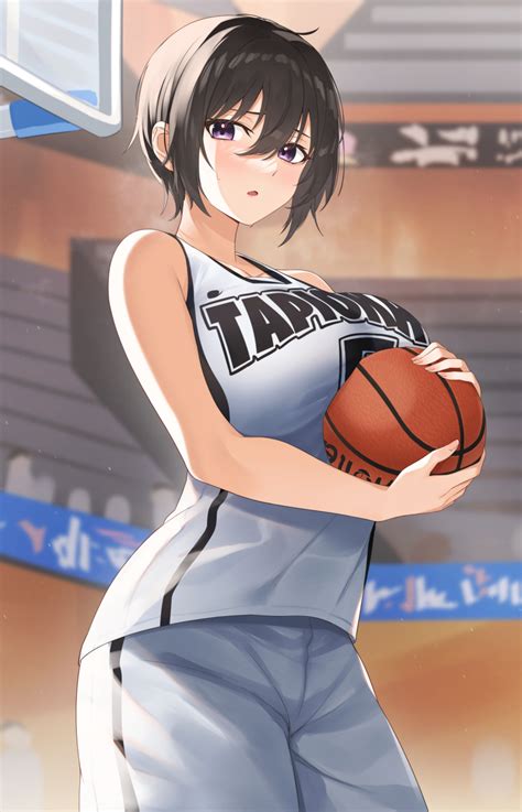 the big imageboard tbib 1girl ball bare shoulders basketball basketball uniform black hair