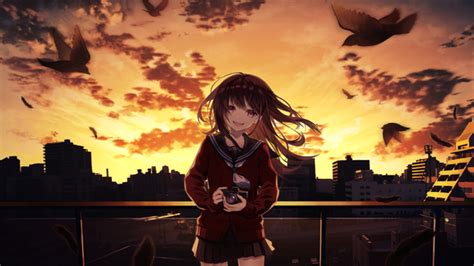 Smiling Anime Girl Taking Photographs Cityscape 4k Hd Anime 4k