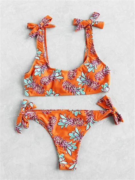 pineapple print tie shoulder and side bikini set