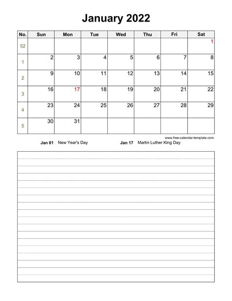 Printable January 2022 Calendar With Space For Appointments Vertical